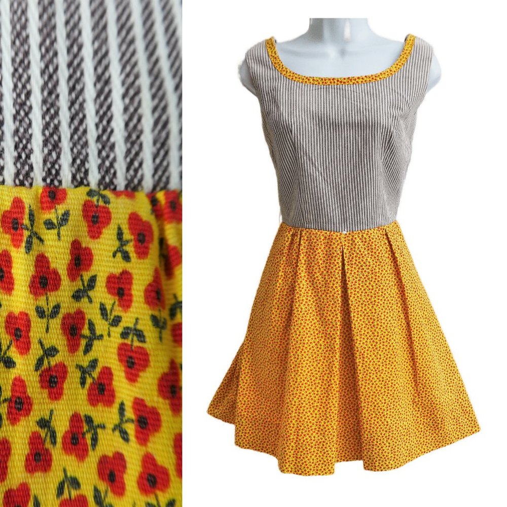 Vintage 60s Lester Paul Dress Cottagecore Stripes Sleeves Pleated Skirt